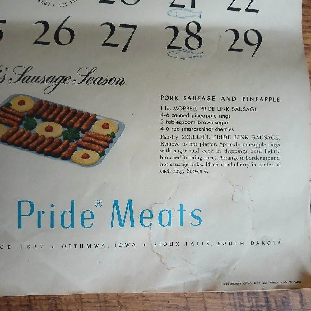 Vtg 1955 Birds Of Our Land Advertising Calendar Morrell Pride Meats Recipe READ